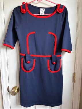 Nu New York Navy Blue Cotton Mini Dress with Red Buttons Trim